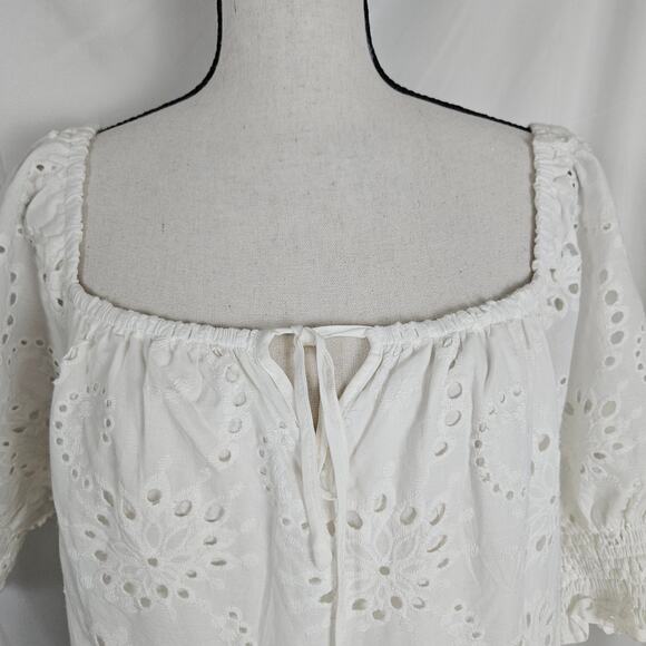 For All Mankind Dress Women Large White Eyelet Cotton Puff Sleeve Midi Cottage - Picture 3 of 11